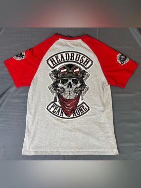 Headrush Fear None Embroidered Raglan T-Shirt Skull Graphic Mens XL